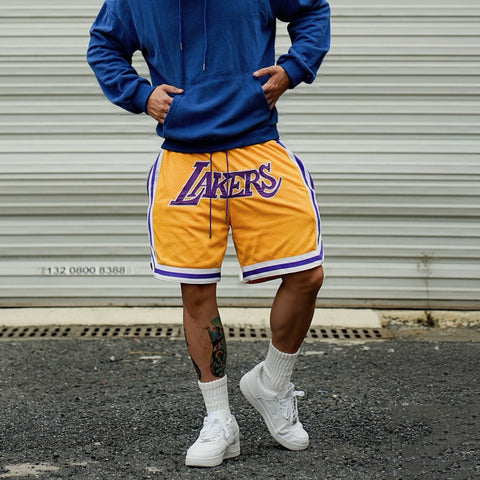 Just Don American High Street Lakers Mesh Five Point Pants Heavy Embroidered Men's and Women's Loose Basketball Shorts