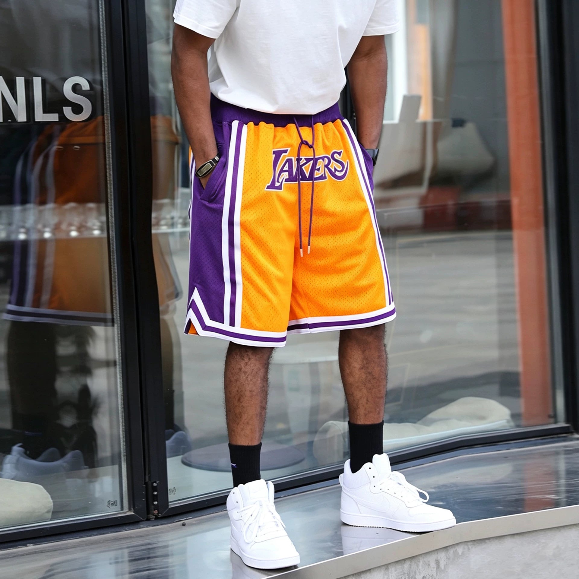 Just Don American High Street Lakers Mesh Five Point Pants Heavy Embroidered Men's and Women's Loose Basketball Shorts
