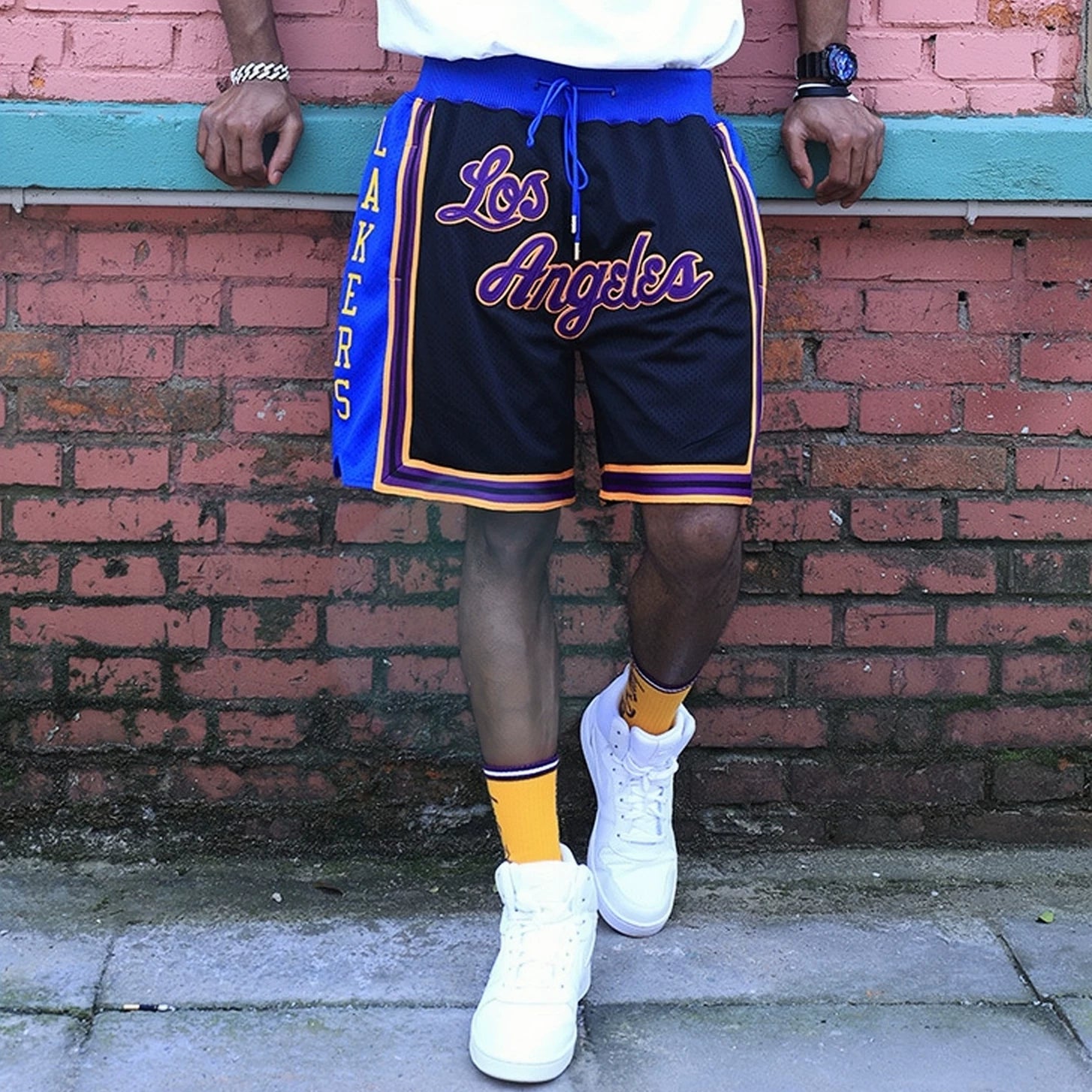 Just don American high street Los Angeles Lakers five quarter pants heavyweight embroidery men's and women's loose mesh basketball shorts