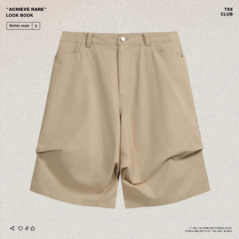 NONNOD niche high street solid color cropped pants with three-dimensional design, pleated loose casual logging workwear shorts