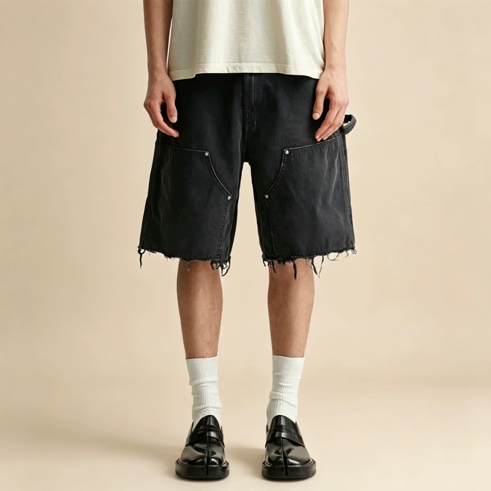 MM Maji vintage distressed straight leg five quarter pants, high street loose casual rivet pocket logging workwear shorts