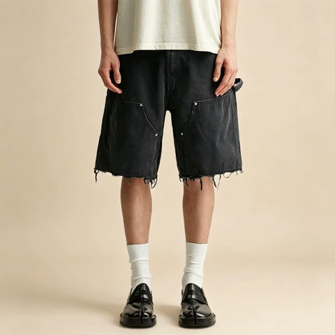 MM Maji vintage distressed straight leg five quarter pants, high street loose casual rivet pocket logging workwear shorts