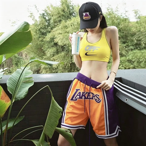 Just Don American High Street Lakers Mesh Five Point Pants Heavy Embroidered Men's and Women's Loose Basketball Shorts