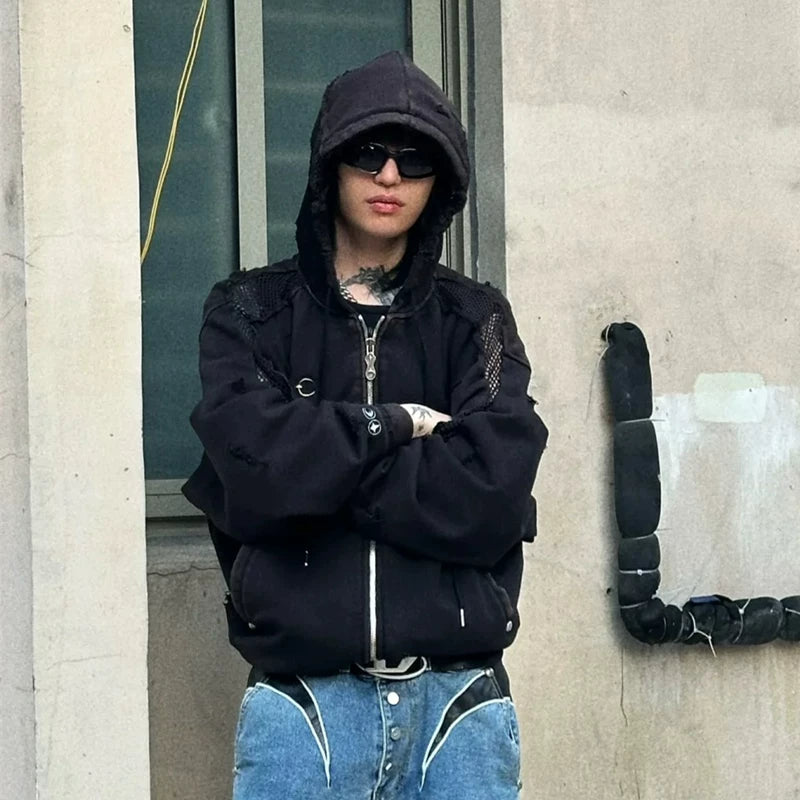 Thug Club Hollowed-out Patchwork Hoodie