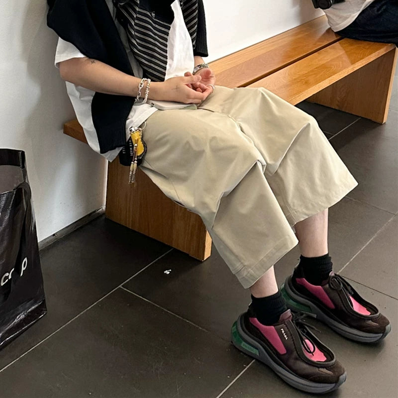 NONNOD niche high street solid color cropped pants with three-dimensional design, pleated loose casual logging workwear shorts