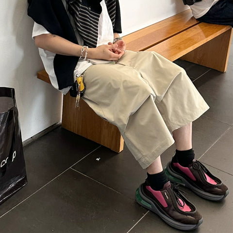 NONNOD niche high street solid color cropped pants with three-dimensional design, pleated loose casual logging workwear shorts