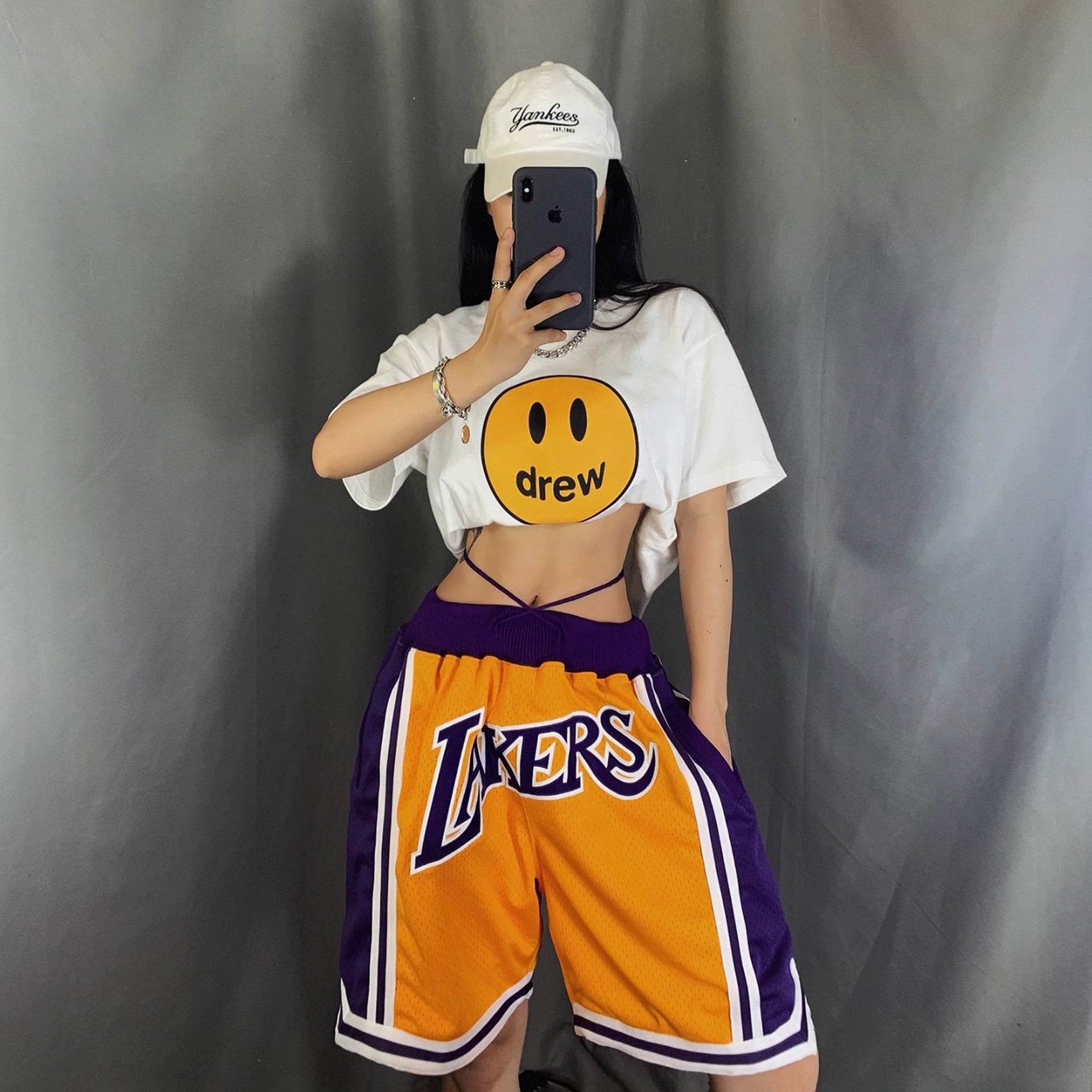 Just Don American High Street Lakers Mesh Five Point Pants Heavy Embroidered Men's and Women's Loose Basketball Shorts