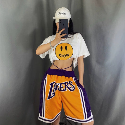 Just Don American High Street Lakers Mesh Five Point Pants Heavy Embroidered Men's and Women's Loose Basketball Shorts