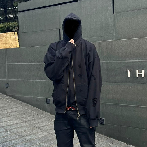 Undermycar Vintage Damaged Hole Zip Hoodie