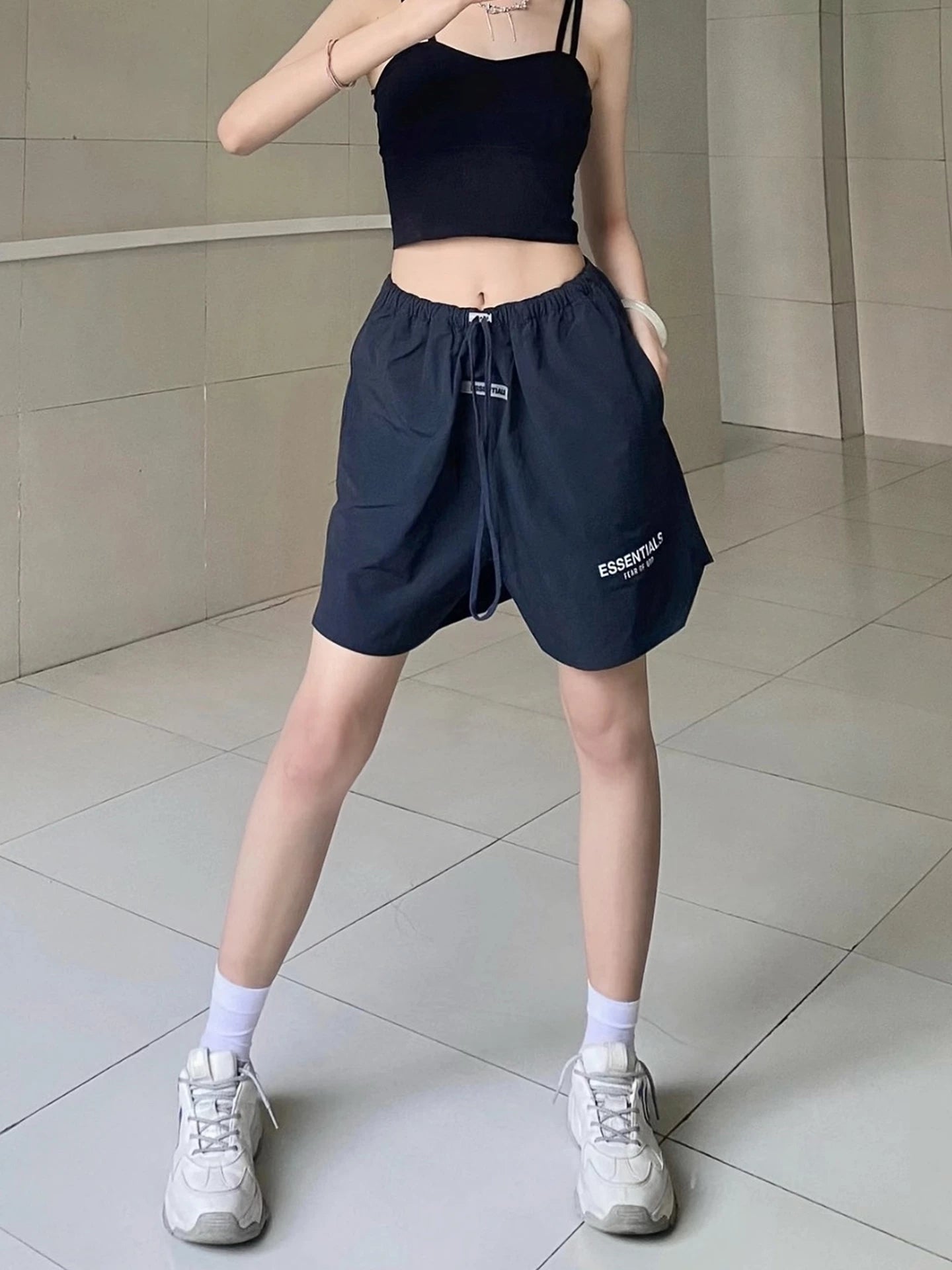 FEAR OF GOD American High Street ESSENTIALS Reflective Letter Men's and Women's Loose Nylon Quick drying Shorts Trendy