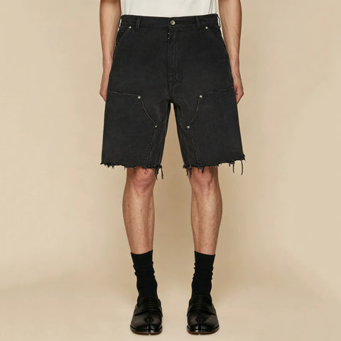 MM Maji vintage distressed straight leg five quarter pants, high street loose casual rivet pocket logging workwear shorts