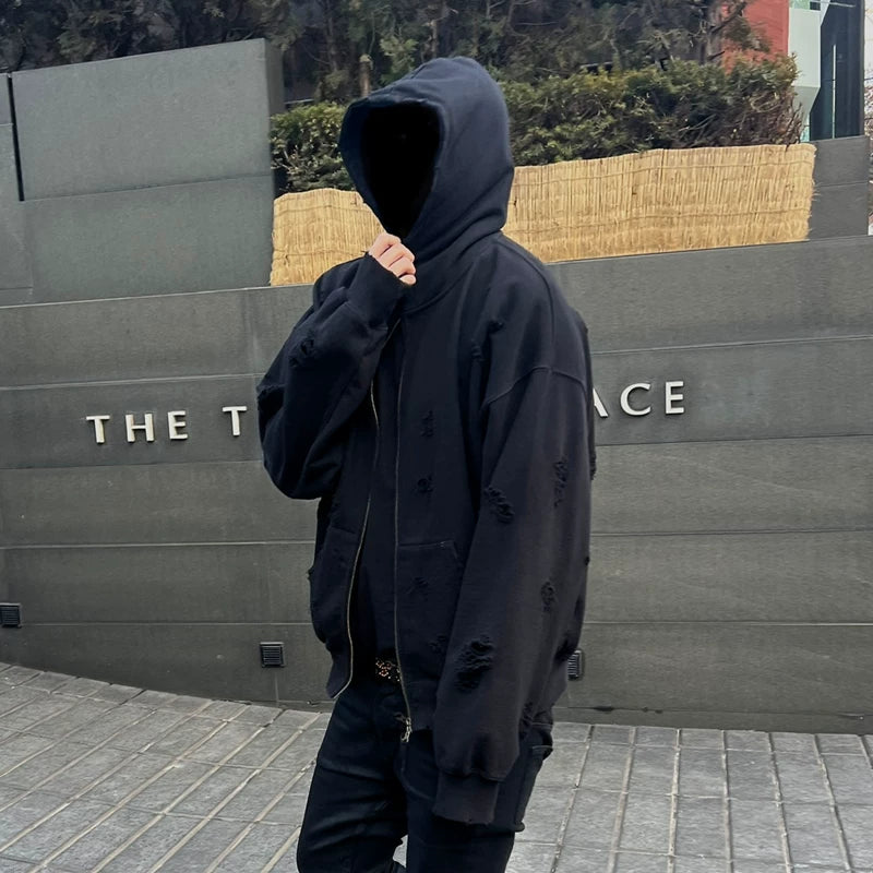 Undermycar Vintage Damaged Hole Zip Hoodie