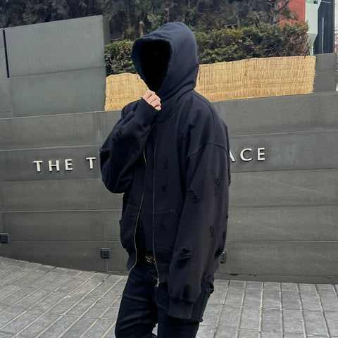 Undermycar Vintage Damaged Hole Zip Hoodie