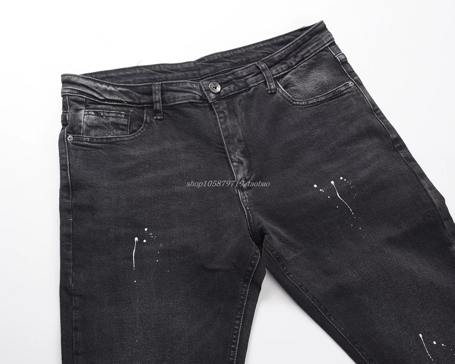 KANYE's distressed ink-print stretch denim pants