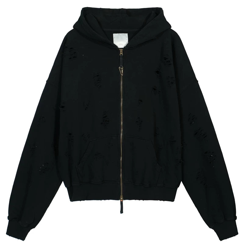 Undermycar Vintage Damaged Hole Zip Hoodie