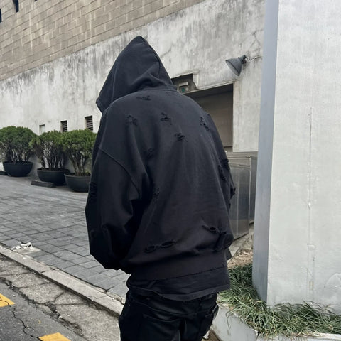 Undermycar Vintage Damaged Hole Zip Hoodie