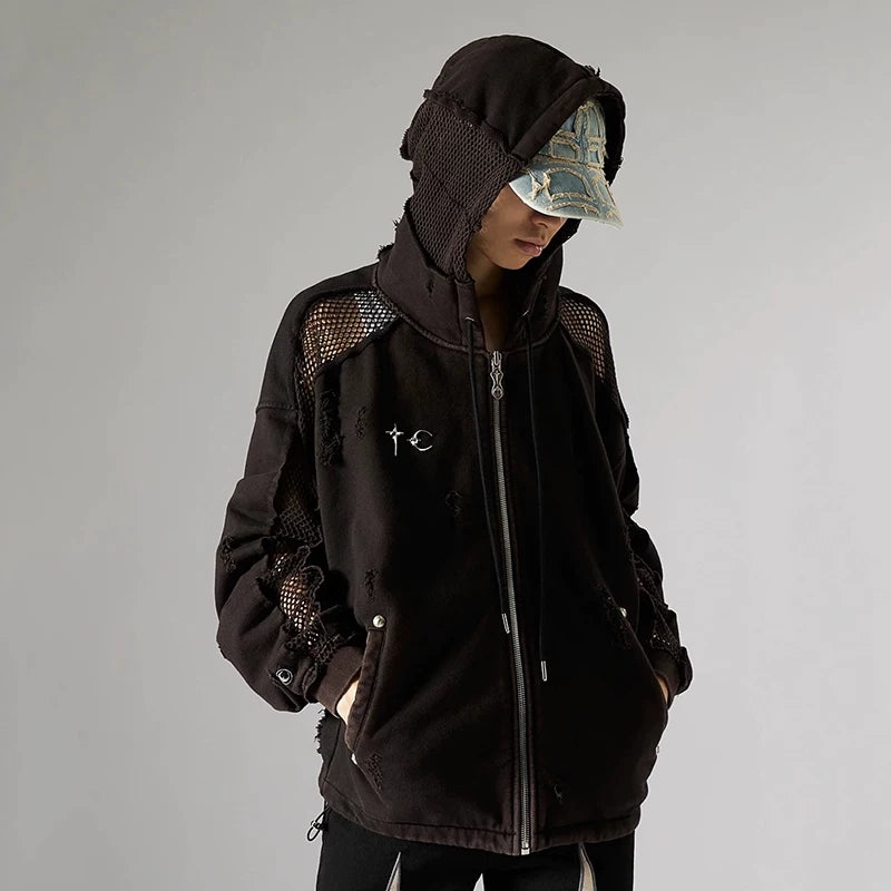 Thug Club Hollowed-out Patchwork Hoodie