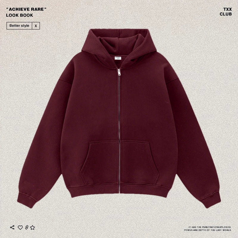 American-style casual zip-up hooded sweatshirt