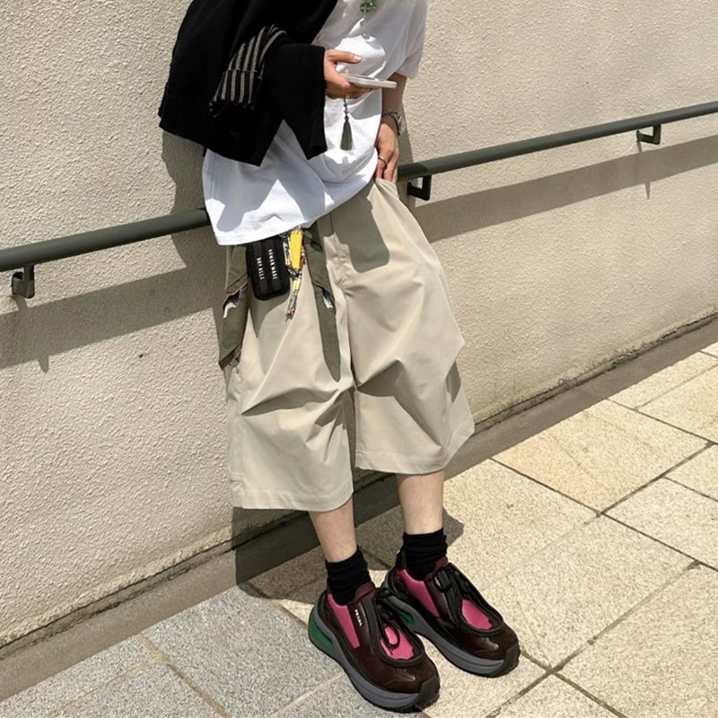NONNOD niche high street solid color cropped pants with three-dimensional design, pleated loose casual logging workwear shorts