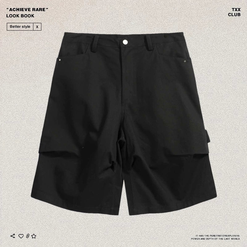 NONNOD niche high street solid color cropped pants with three-dimensional design, pleated loose casual logging workwear shorts