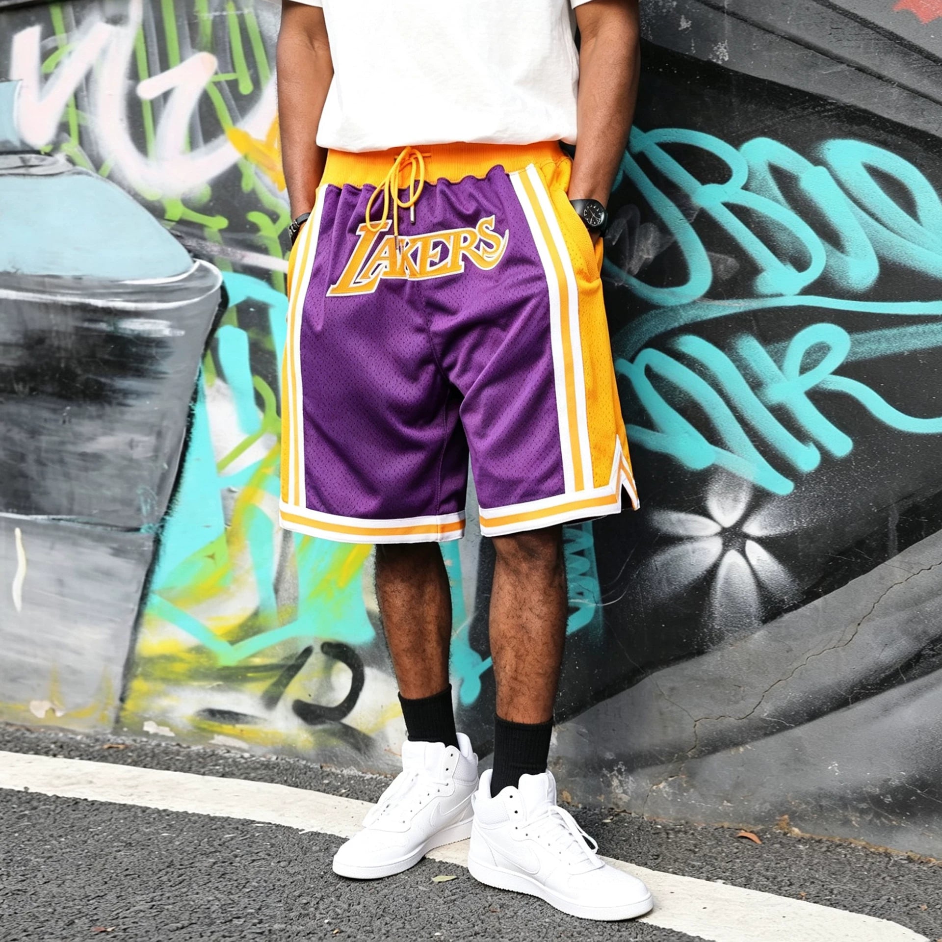 Just Don American High Street Lakers Mesh Five Point Pants Heavy Embroidered Men's and Women's Loose Basketball Shorts