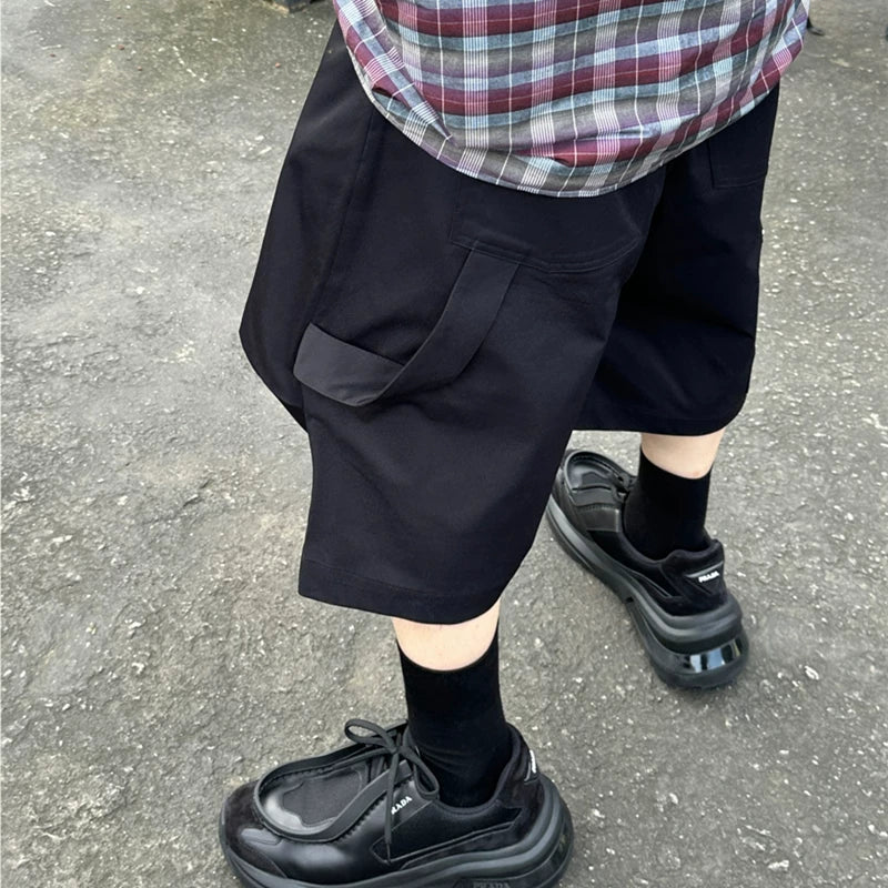 NONNOD niche high street solid color cropped pants with three-dimensional design, pleated loose casual logging workwear shorts