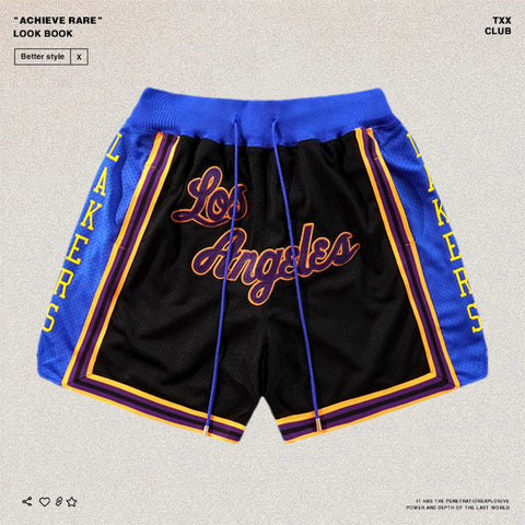 Just don American high street Los Angeles Lakers five quarter pants heavyweight embroidery men's and women's loose mesh basketball shorts