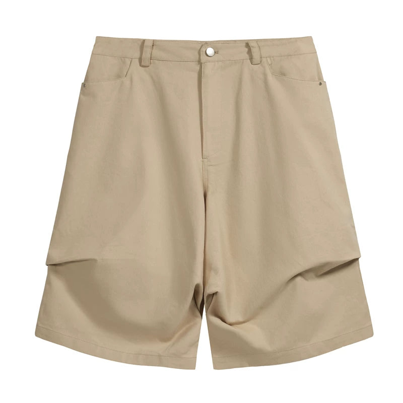 NONNOD niche high street solid color cropped pants with three-dimensional design, pleated loose casual logging workwear shorts