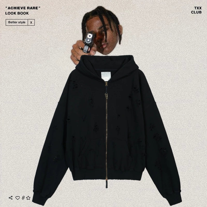 Undermycar Vintage Damaged Hole Zip Hoodie
