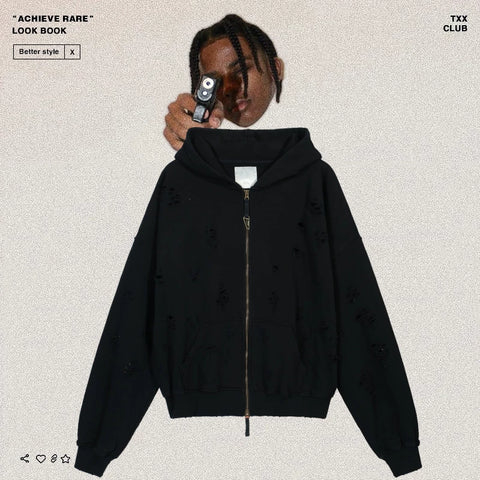 Undermycar Vintage Damaged Hole Zip Hoodie